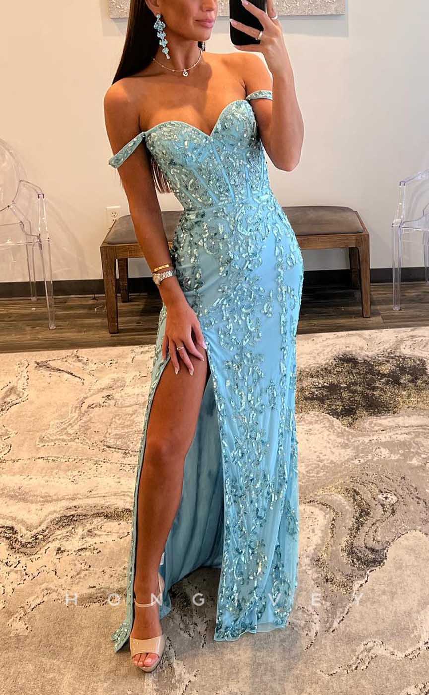 L2093 - Sexy Satin Fitted Off-Shoulder Empire Beaded Appliques With Side Slit Party Prom Evening Dress