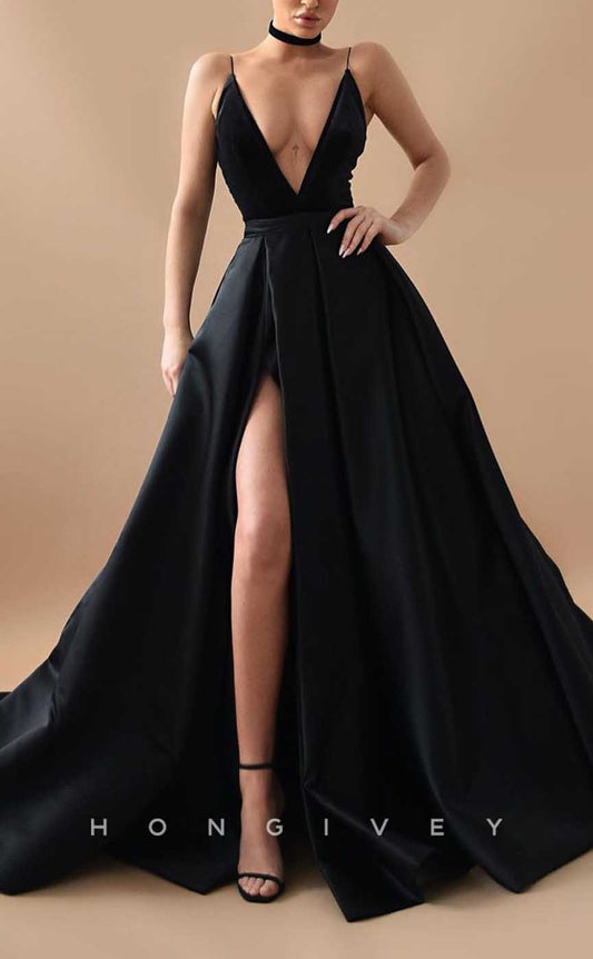 L2096 - Sexy Satin A-Line V-Neck Spaghetti Straps Empire With Side Slit Train Party Prom Evening Dress