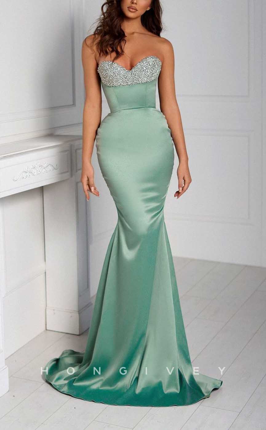 L2097 - Sexy Satin Trumpt Sweetheart Strapless Empire Beaded With Train Party Prom Evening Dress