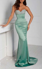 L2097 - Sexy Satin Trumpt Sweetheart Strapless Empire Beaded With Train Party Prom Evening Dress