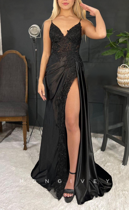 L2098 - Sexy Satin A-Line V-Neck Spaghetti Straps Empire Beaded Appliques Party Prom Evening Dress