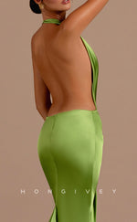 L2100 - Sexy Satin Trumpt Halter Empire Illusion Open Back With Train Party Prom Evening Dress