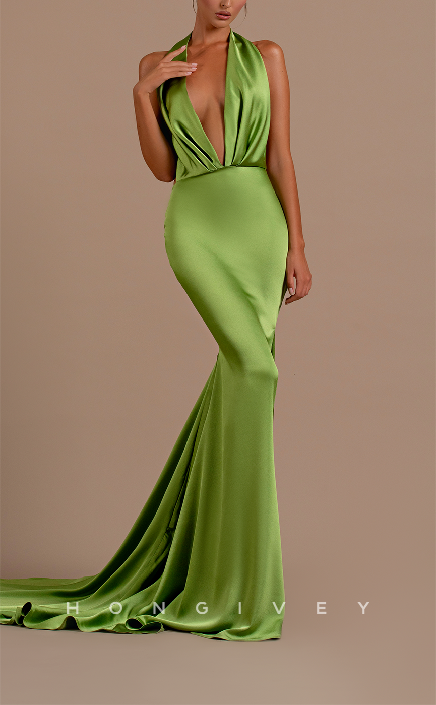 L2100 - Sexy Satin Trumpt Halter Empire Illusion Open Back With Train Party Prom Evening Dress