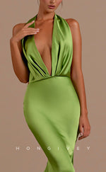 L2100 - Sexy Satin Trumpt Halter Empire Illusion Open Back With Train Party Prom Evening Dress