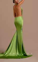 L2100 - Sexy Satin Trumpt Halter Empire Illusion Open Back With Train Party Prom Evening Dress