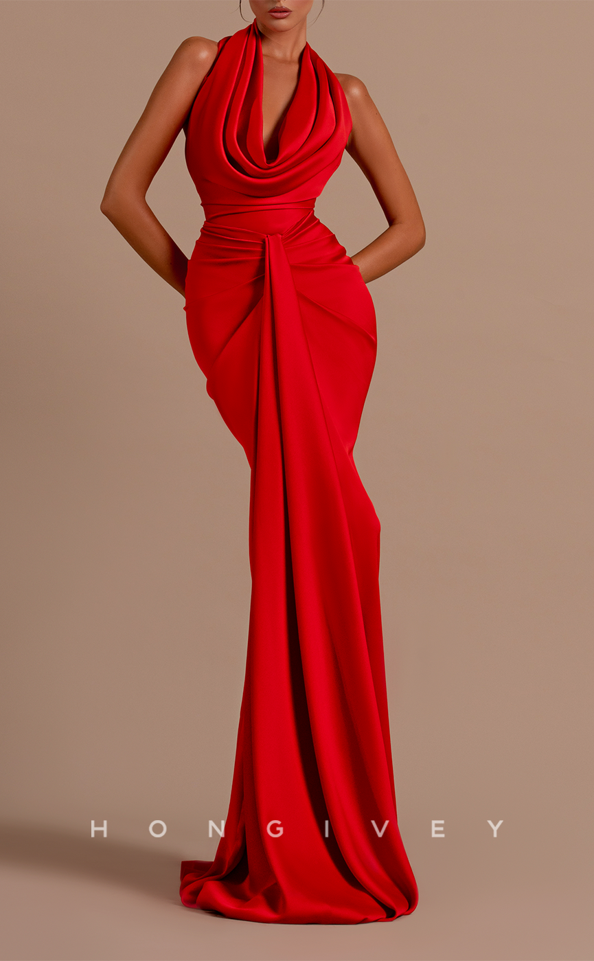 L2101 - Sexy Red Satin Fitted Halter Empire Ruched With Sweep Train Party Prom Evening Dress