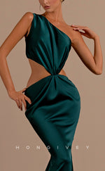 L2102 - Sexy Satin Trumpet One Shoulder Sleeveless Illusion Empire With Train Party Prom Evening Dress