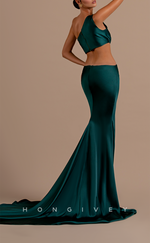 L2102 - Sexy Satin Trumpet One Shoulder Sleeveless Illusion Empire With Train Party Prom Evening Dress