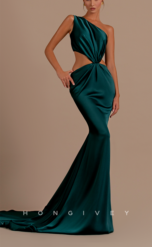 L2102 - Sexy Satin Trumpet One Shoulder Sleeveless Illusion Empire With Train Party Prom Evening Dress