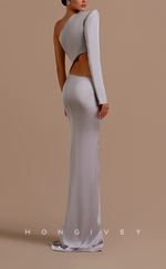 L2103 - Sexy Satin Fitted One Shoulder Long Sleeve Empire Ruched With Side Slit Party Prom Evening Dress