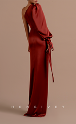 L2104 - Sexy Satin Fitted One Shoulder Long Sleeve Empire Ruched With Side Slit Party Prom Evening Dress