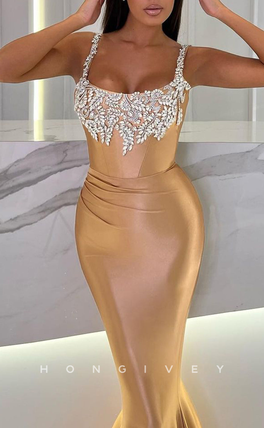 L2135 - Sexy Satin Trumpet Square Spaghetti Straps Empire Beaded Ruched Party Prom Evening Dress