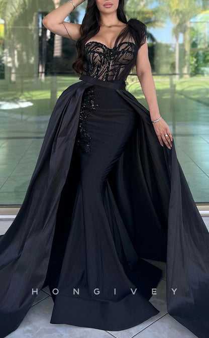 L2138 - Sexy Satin One Shoulder Illusion Empire Sequined With Detachable Overskirt Party Prom Evening Dress