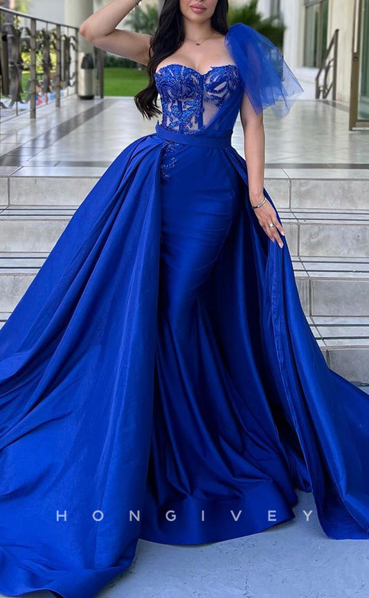L2140 - Sexy Satin One Shoulder Illusion Empire Beaded Appliques With Detachable Overskirt Party Prom Evening Dress