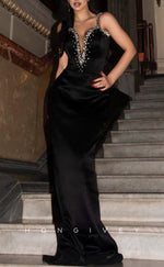 L2145 - Sexy Satin Fitted V-Neck Spaghetti Straps Empire Beaded Ruched Party Prom Evening Dress