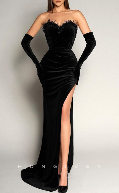 L2146 - Sexy Satin Fitted Sweetheart Strapless Empire Beaded Ruched With Side Slit Party Prom Evening Dress