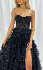 L2147 - Sexy Tulle A-Line Sweetheart Strapless Empire Illusion Beaded Tiered With Side Slit Party Prom Evening Dress