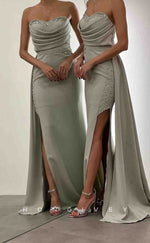 L2149 - Sexy Satin Fitted Sweetheart Strapless Empire Pleats Beaded With Side Slit Train  Party Prom Evening Dress