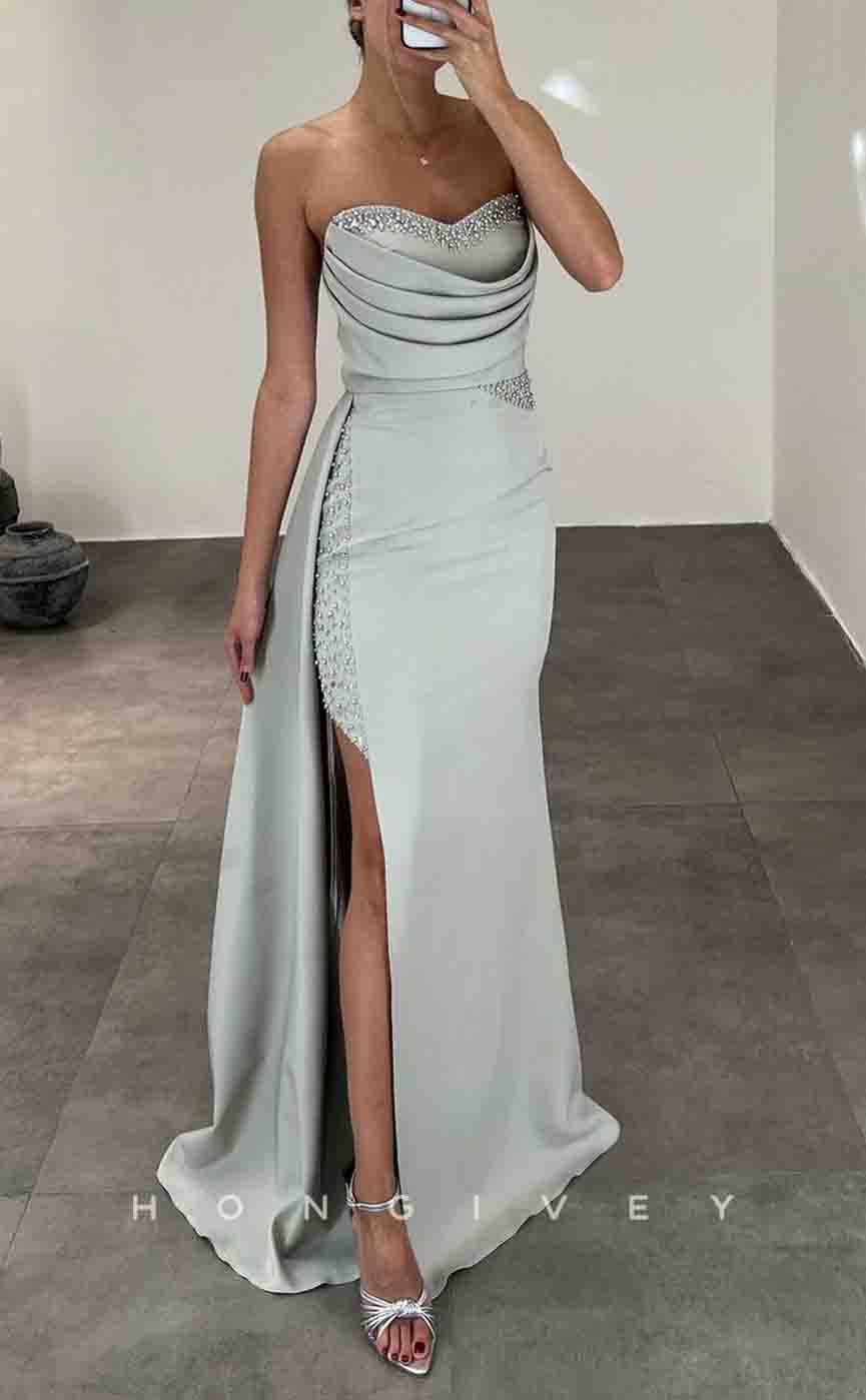 L2149 - Sexy Satin Fitted Sweetheart Strapless Empire Pleats Beaded With Side Slit Train  Party Prom Evening Dress