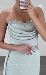 L2149 - Sexy Satin Fitted Sweetheart Strapless Empire Pleats Beaded With Side Slit Train  Party Prom Evening Dress