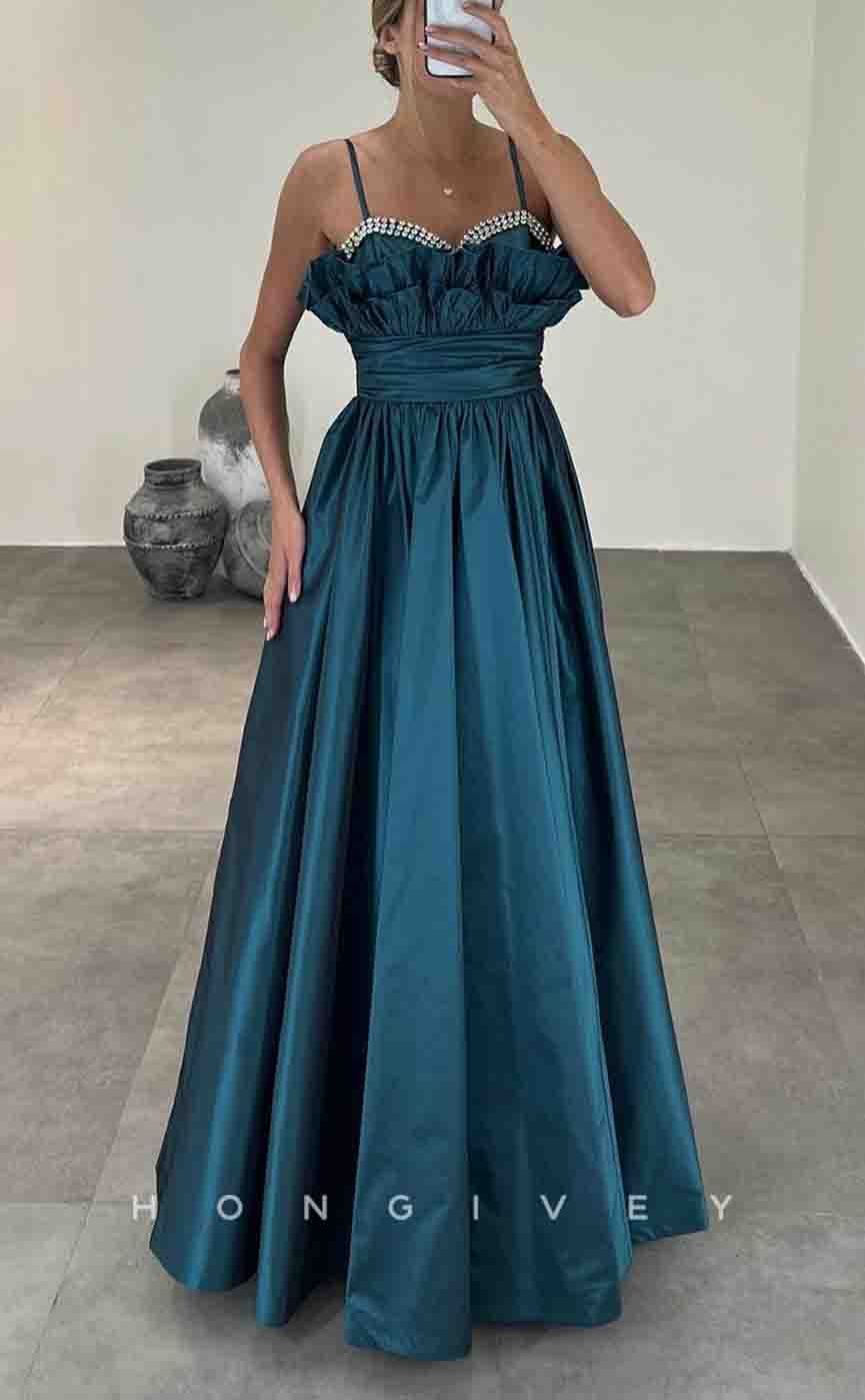 L2150 - Sexy Satin A-Line Sweetheart Spaghetti Straps Ruffled Empire Beaded Party Prom Evening Dress