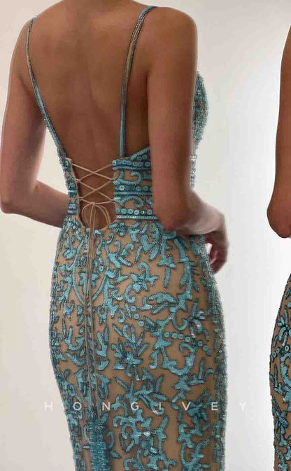 L2151 - Sexy Satin Fitted V-Neck Spaghetti Straps Empire Sequined Appliques Party Prom Evening Dress