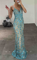 L2151 - Sexy Satin Fitted V-Neck Spaghetti Straps Empire Sequined Appliques Party Prom Evening Dress