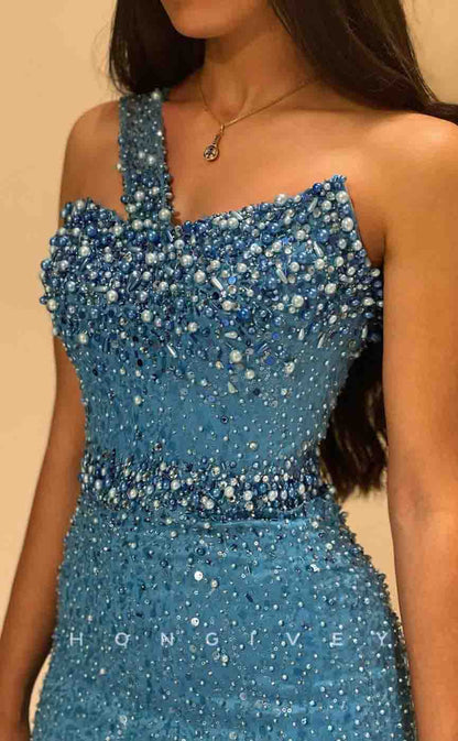 L2153 - Sexy Fitted Glitter One Shoulder Empire Beaded Sequined With Train  Party Prom Evening Dress