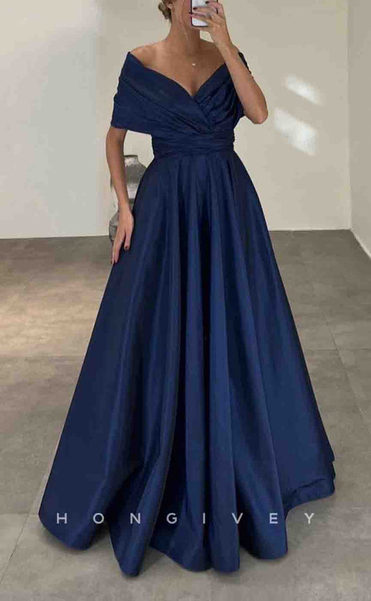 L2154 - Sexy Satin A-Line Off-Shoulder Empire Ruched Floor-Length Party Prom Evening Dress