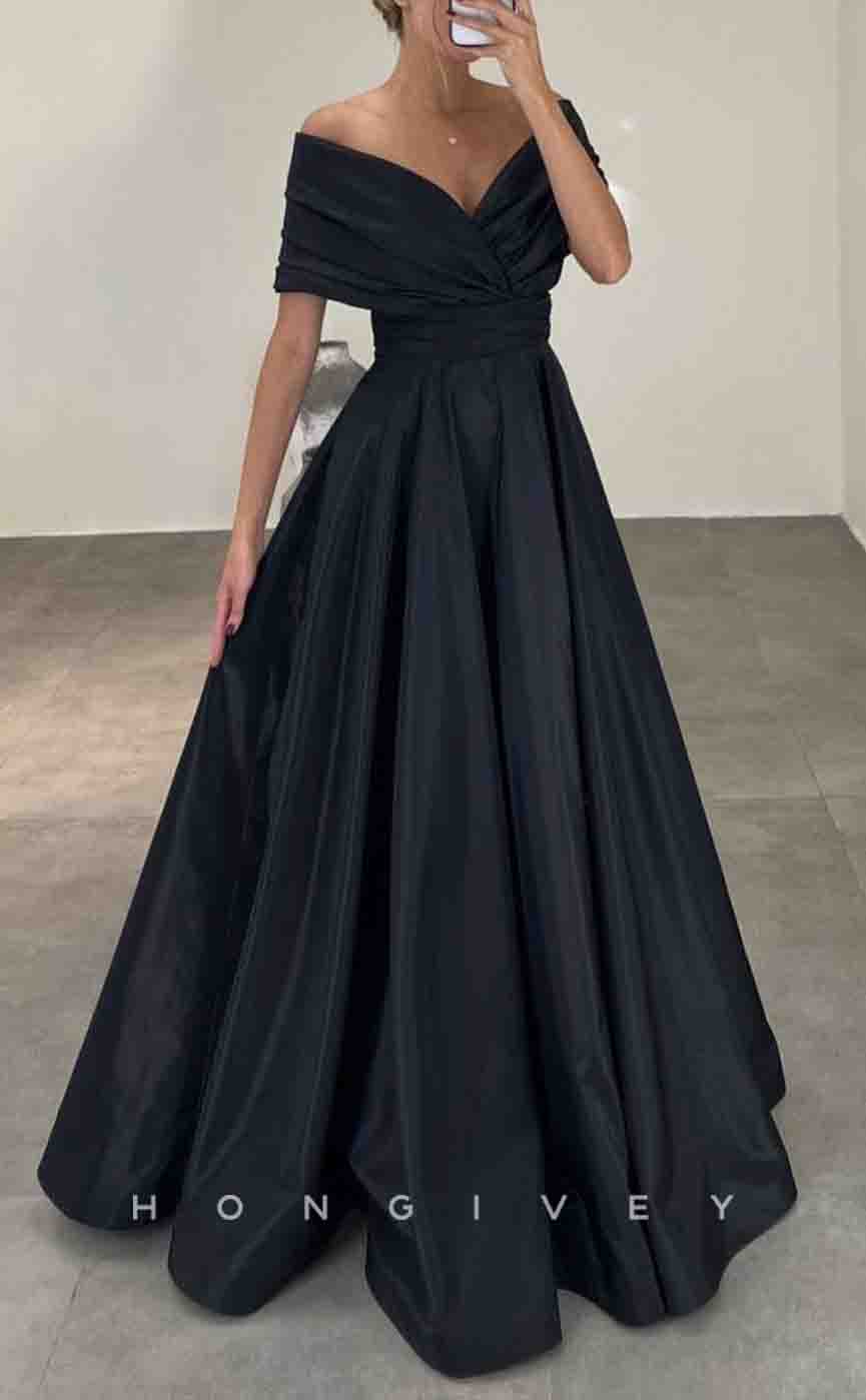 L2154 - Sexy Satin A-Line Off-Shoulder Empire Ruched Floor-Length Party Prom Evening Dress