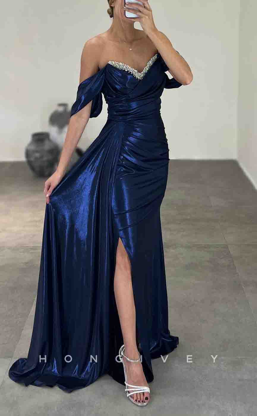 L2155 - Sexy Satin Fitted Off-Shoulder Empire Beaded Ruched With Side Slit Train Party Prom Evening Dress