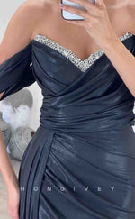 L2155 - Sexy Satin Fitted Off-Shoulder Empire Beaded Ruched With Side Slit Train Party Prom Evening Dress