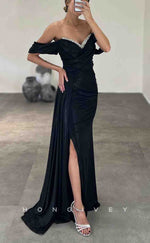 L2155 - Sexy Satin Fitted Off-Shoulder Empire Beaded Ruched With Side Slit Train Party Prom Evening Dress