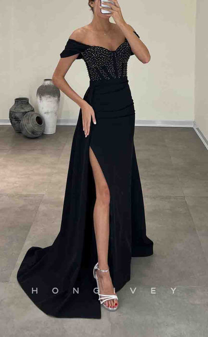 L2157 - Sexy Satin A-Line Off-Shoulder Empire Beaded Ruched With Side Slit Train Party Prom Evening Dress