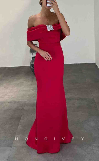 L2158 - Sexy Satin Fitted Off-Shoulder Empire Beaded Floor-Length Party Prom Evening Dress