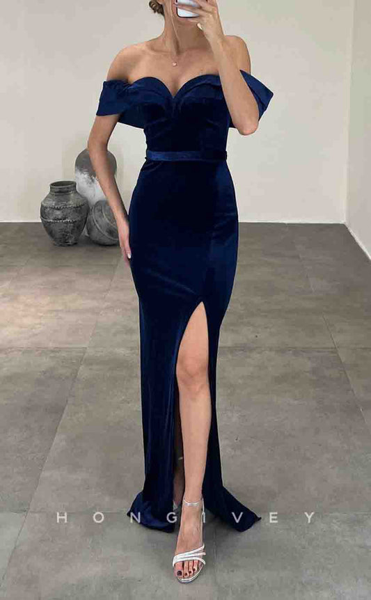 L2159 - Sexy Satin Fitted Off-Shoulder Empire Belt With Side Slit Party Prom Evening Dress