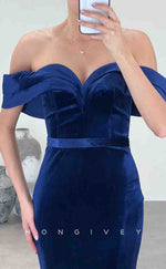 L2159 - Sexy Satin Fitted Off-Shoulder Empire Belt With Side Slit Party Prom Evening Dress