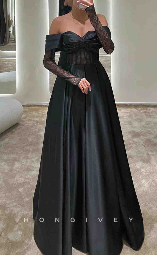 L2160 - Sexy Satin A-Line Off-Shoulder Illusion Empire Lace Sleeves Party Prom Evening Dress