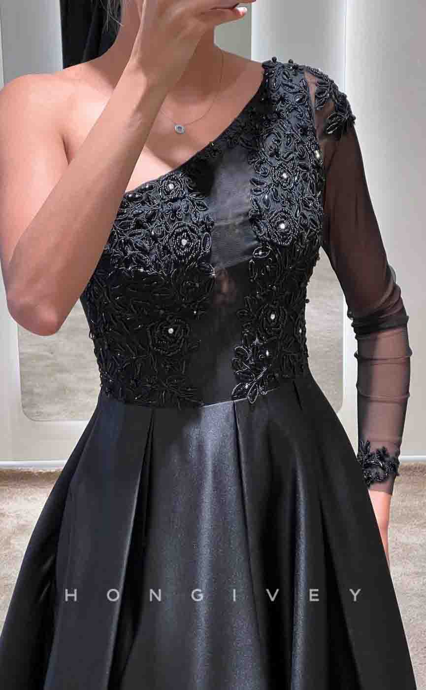 L2161 - Sexy Satin A-Line One Shoulder Empire Beaded Appliques With Side Slit Party Prom Evening Dress
