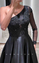 L2161 - Sexy Satin A-Line One Shoulder Empire Beaded Appliques With Side Slit Party Prom Evening Dress