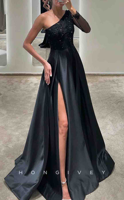 L2161 - Sexy Satin A-Line One Shoulder Empire Beaded Appliques With Side Slit Party Prom Evening Dress