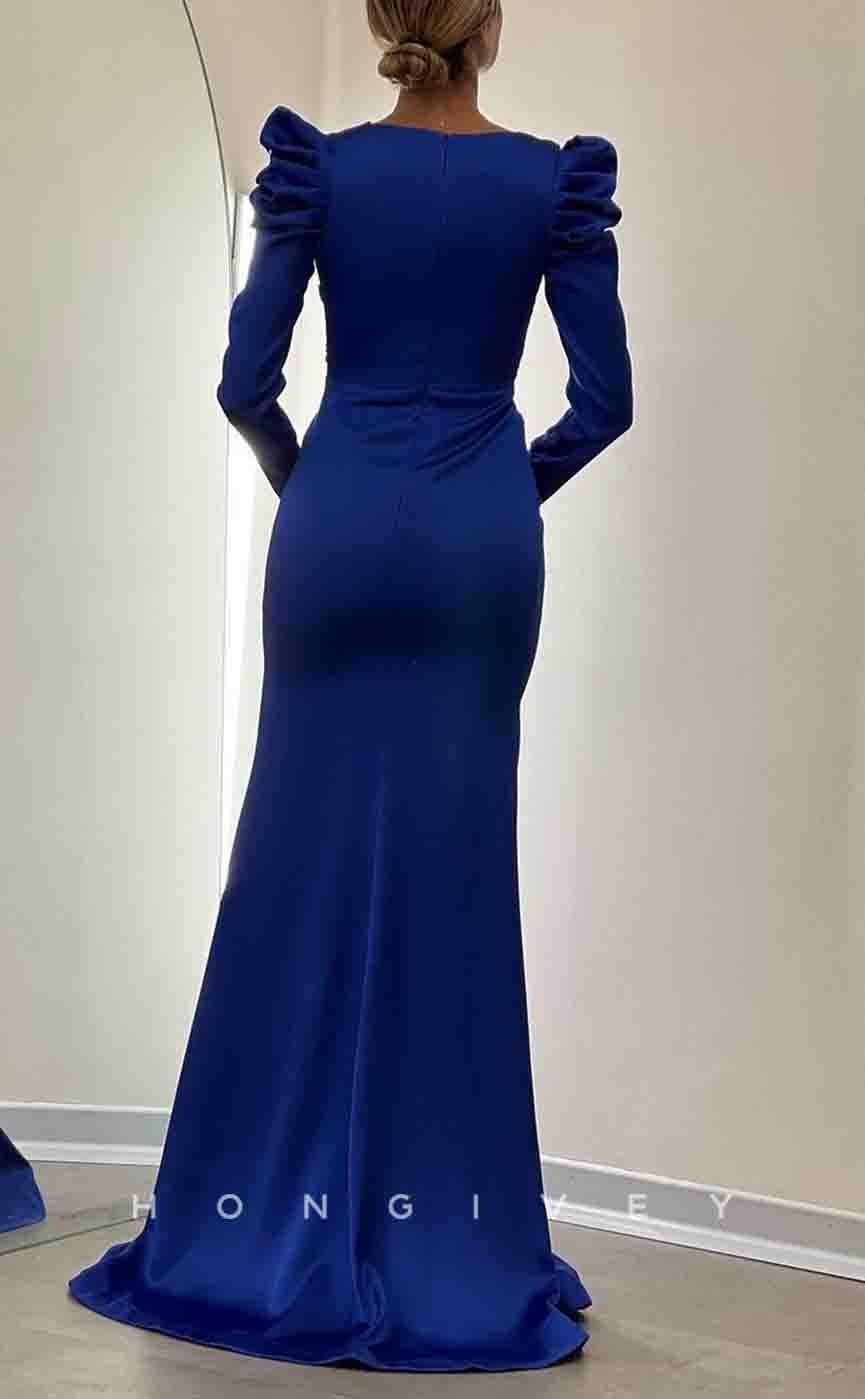 L2162 - Sexy Satin Trumpet V-Neck Long Sleeve Illusion Empire Pleats Beaded With Side Slit Party Prom Evening Dress