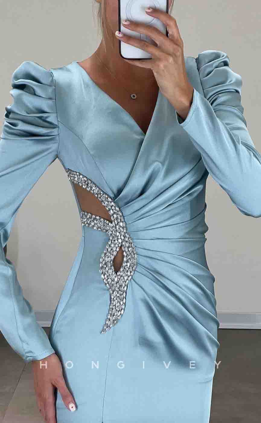 L2162 - Sexy Satin Trumpet V-Neck Long Sleeve Illusion Empire Pleats Beaded With Side Slit Party Prom Evening Dress