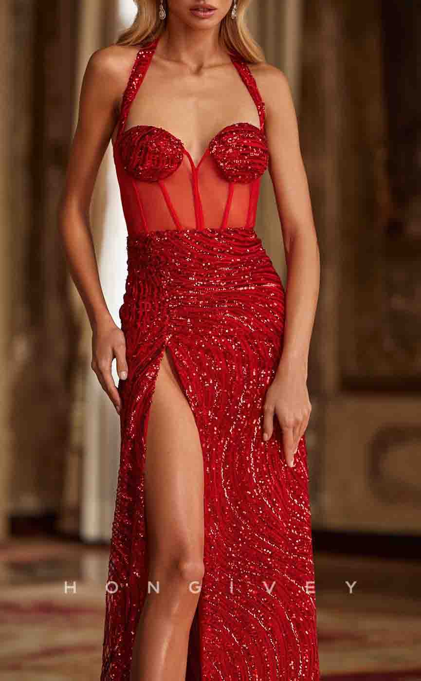 L2163 - Sexy Glitter Fitted Sweetheart Halter Illusion Empire Sequined With Side Slit Party Prom Evening Dress