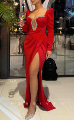 L2168 - Sexy Satin Fitted Asymmetrical Square Long Sleeve Empire Beaded Ruched With Side Slit Party Prom Evening Dress