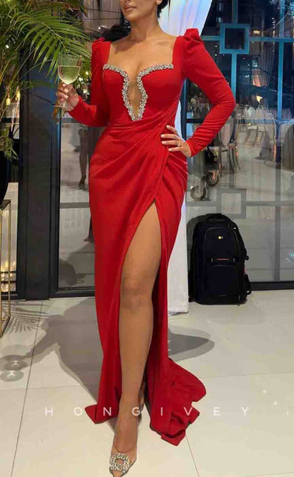 L2168 - Sexy Satin Fitted Asymmetrical Square Long Sleeve Empire Beaded Ruched With Side Slit Party Prom Evening Dress