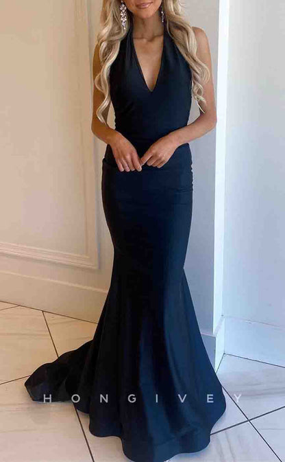 L2174 - Sexy Satin Trumpet V-Neck Halter Empire With Train Party Prom Evening Dress