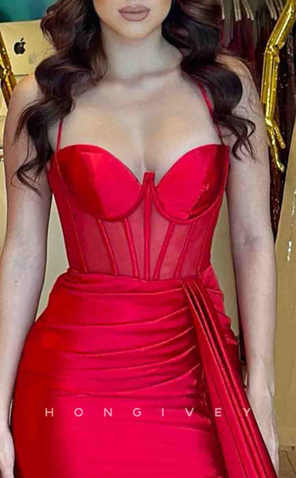 L2178 - Sexy Satin A-Line Sweetheart Spaghetti Straps Empire Ruched With Side Slit Party Prom Evening Dress