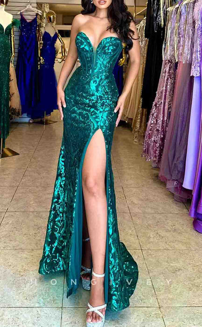 L2180 - Sexy Glitter Trumpet Sweetheart Empire Sequined Appliques With Side Slit Party Prom Evening Dress