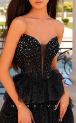 L2181 - Sexy Tulle A-Line V-Neck Strapless Empire Beaded With Side Slit Party Prom Evening Dress